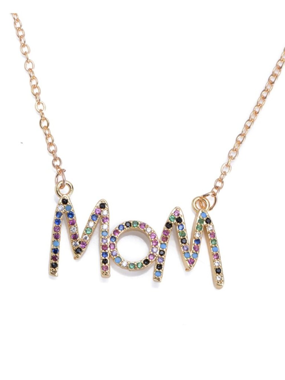 Mom Mama Letters Mother's Day Rainbow Rhinestone Yellow Gold Necklace
